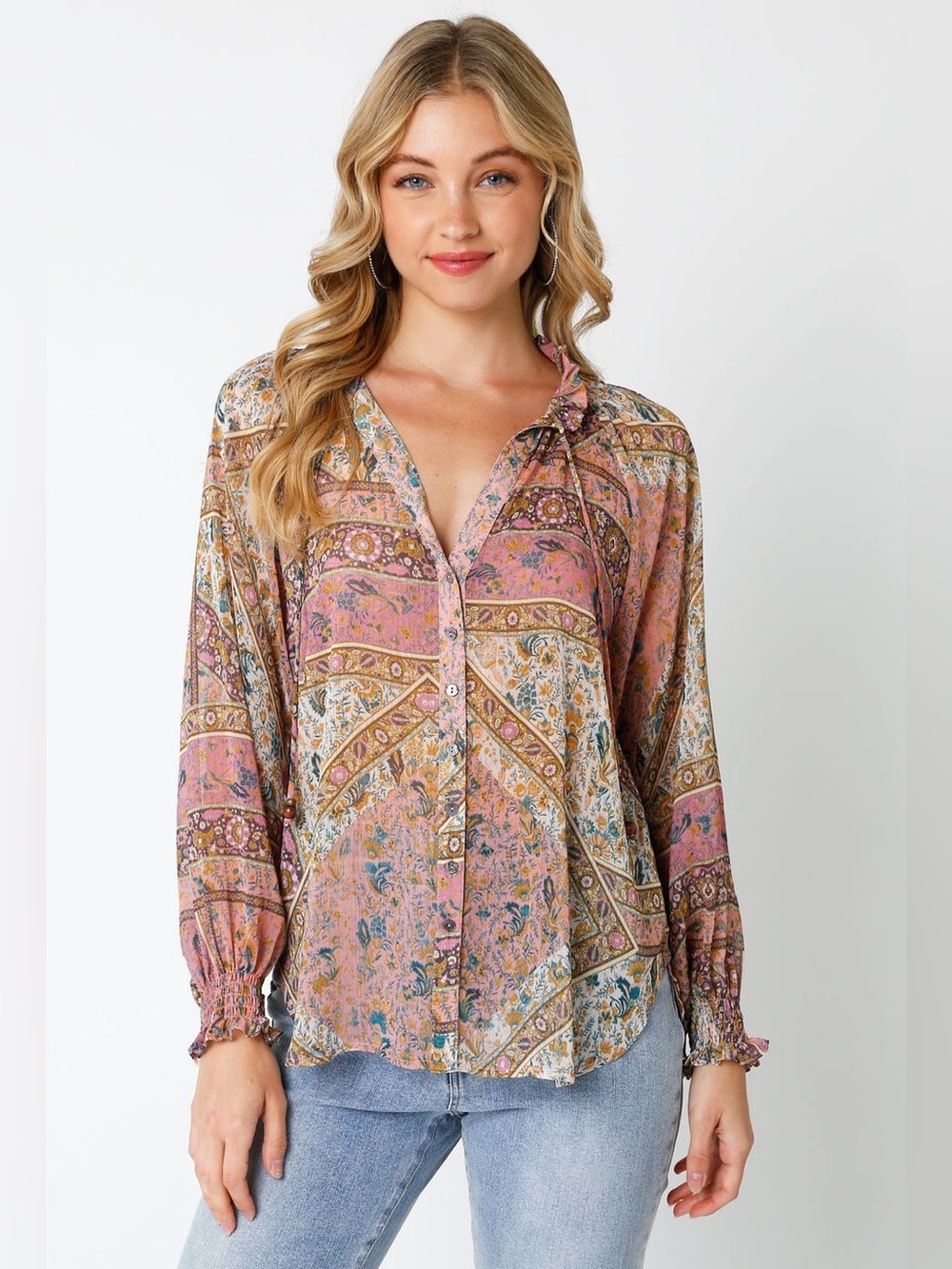 NWT TALULAH Pink Multi Floral Patchwork Button-Down Shirt Size Medium Blouse